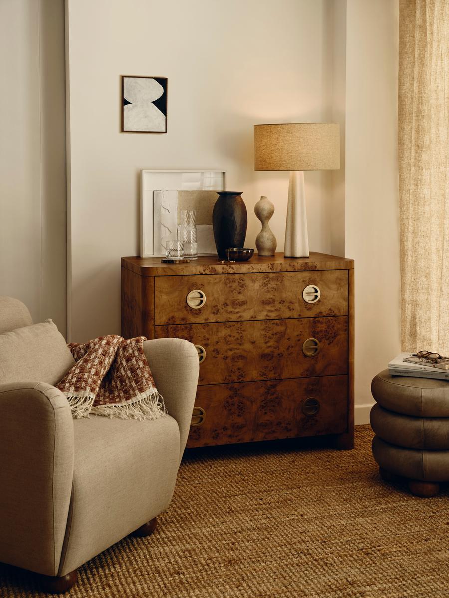 Warwick Three Drawer Dresser in Mappa Burl | Stylish Storage