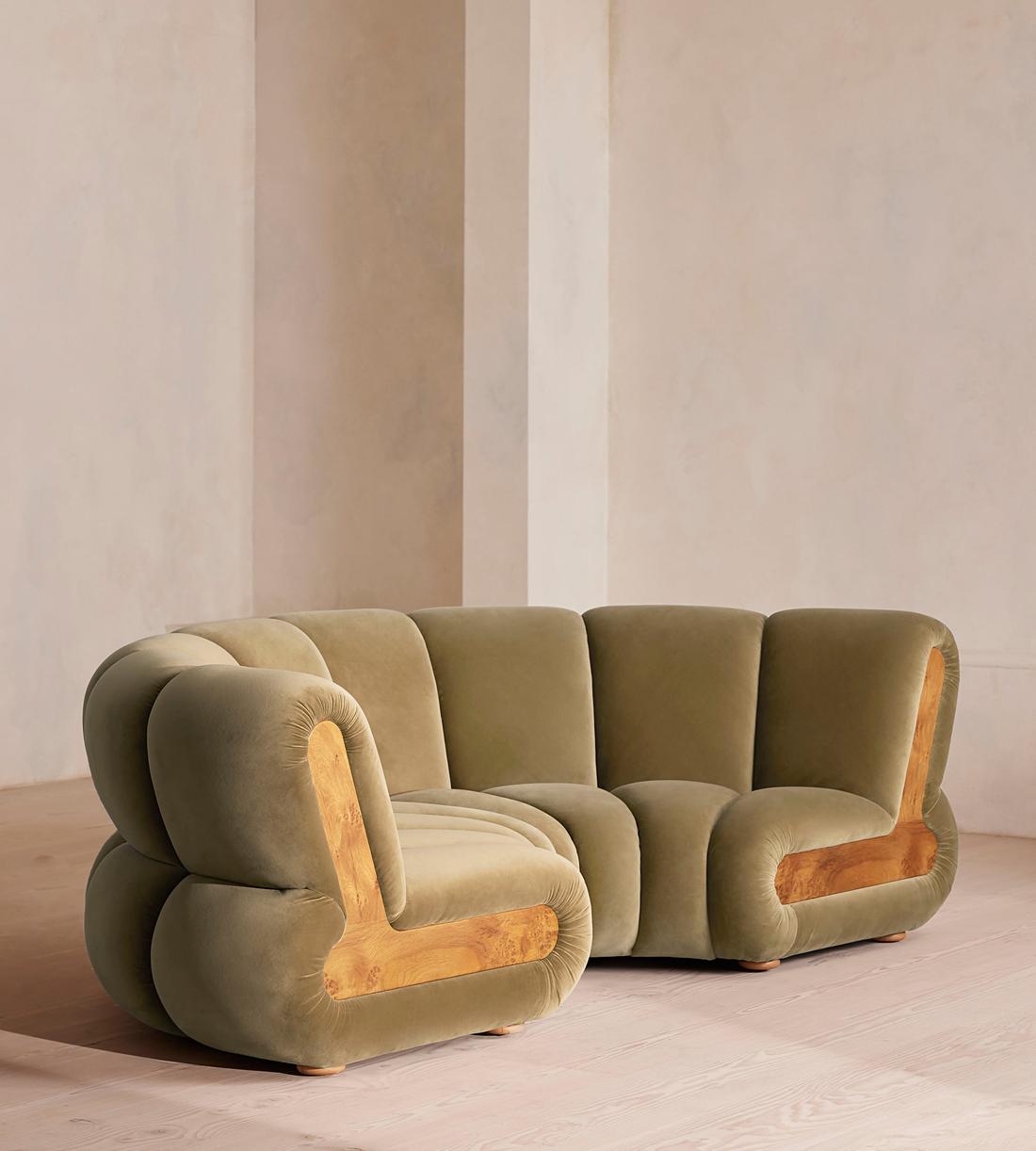 Noelle Sectional Curved Sofa, Four Seater, Velvet, Lichen, US