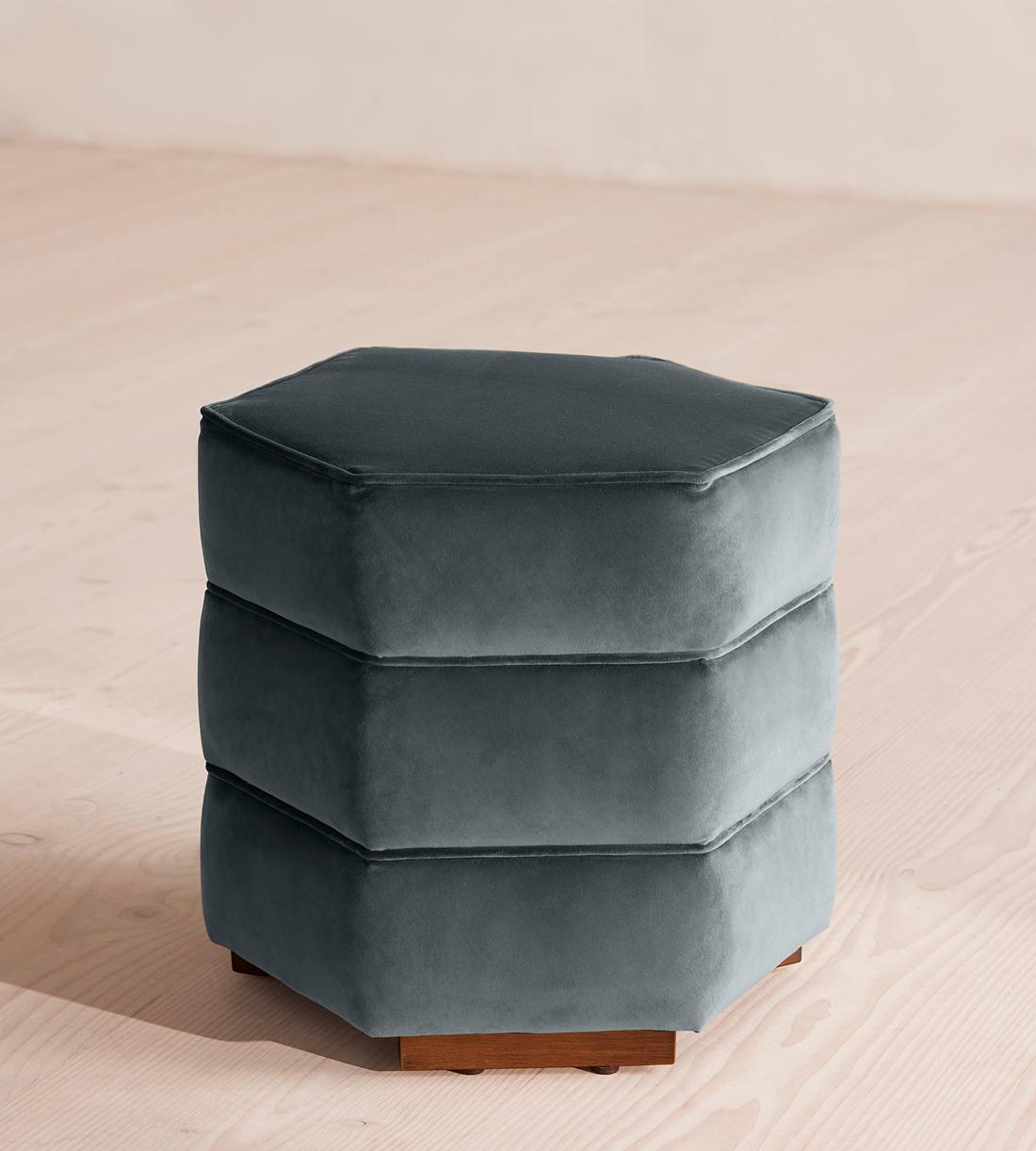 Lyla Footstool, Velvet, Grey Blue, US