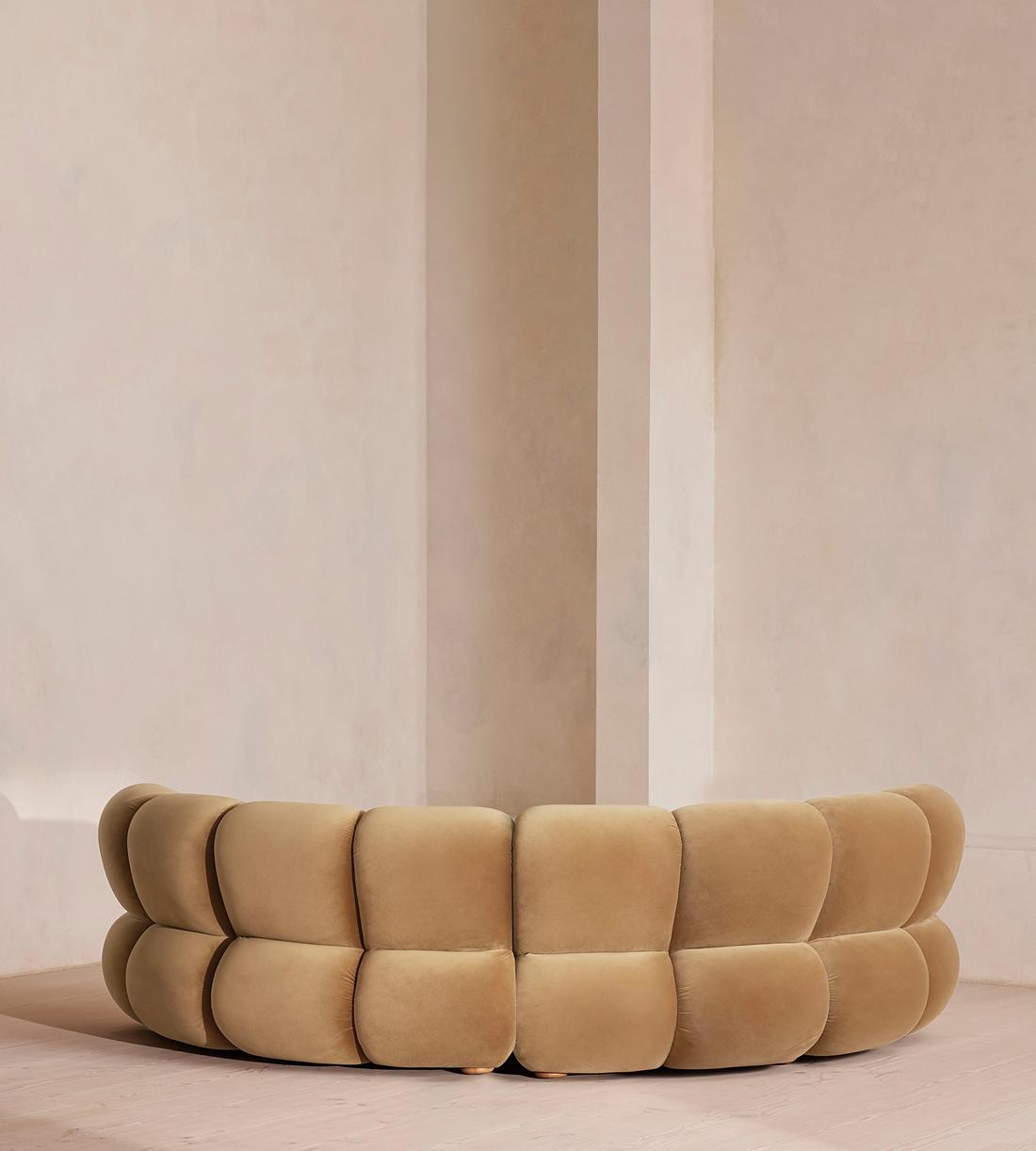 Noelle Sectional Curved Sofa, Four Seater, Velvet, Camel, US