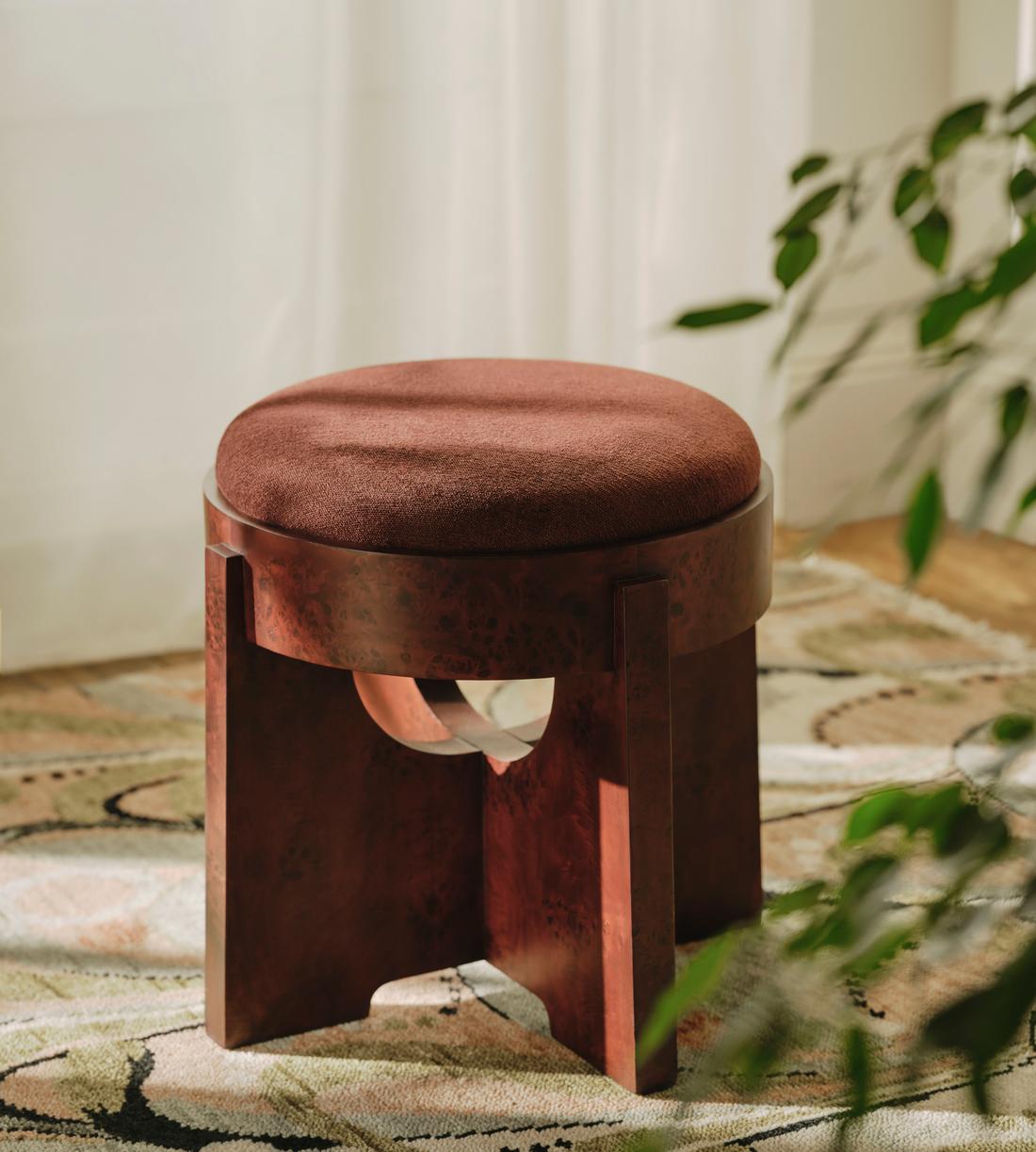 Luxe Birdie★デニム×タータンチェック柄カフェマット★丸型ラウンド Dalton Burl Footstool, Linen Chenille, Bordeaux, US