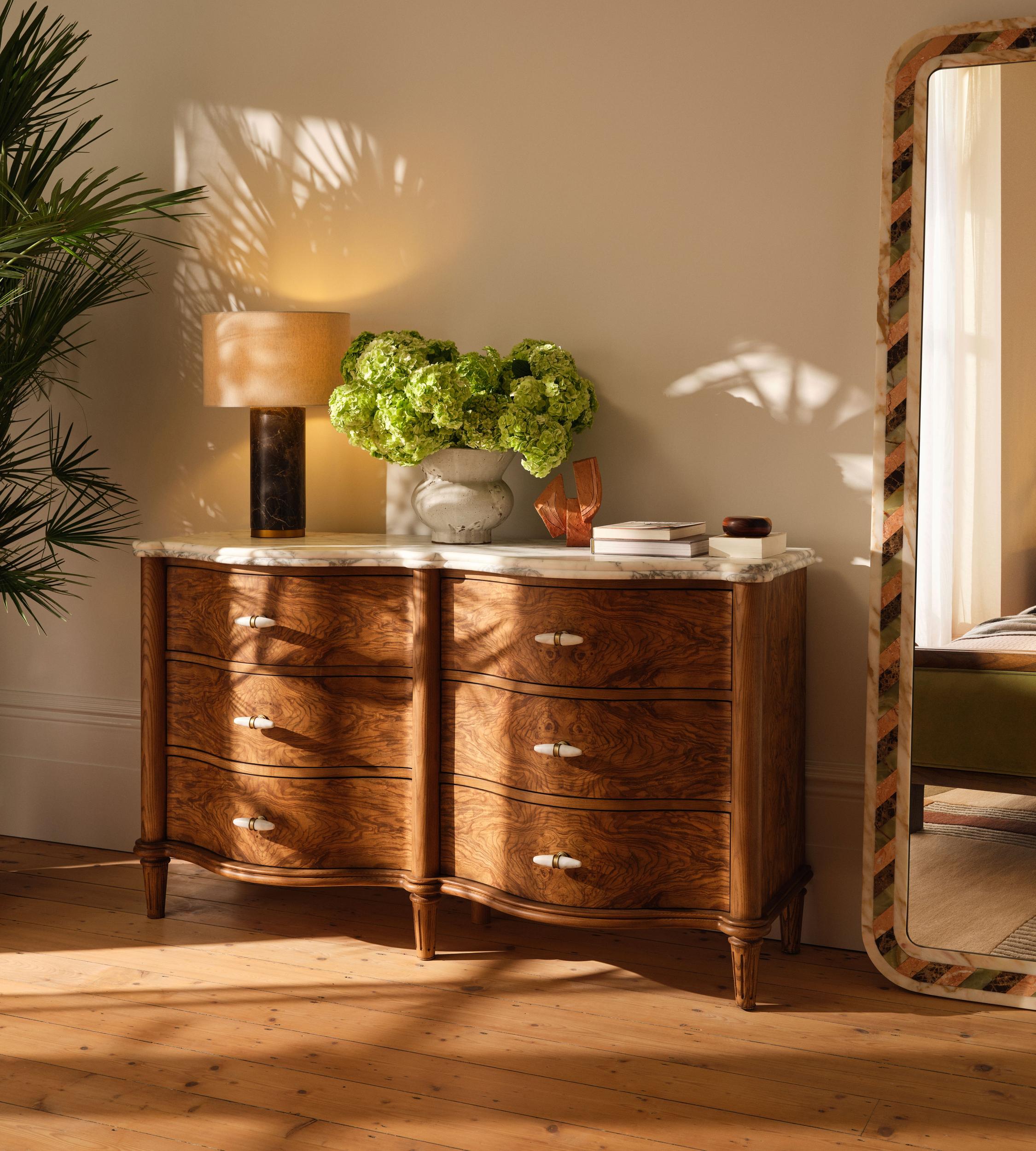 Valerie Six Drawer Dresser, Arabescato Corchia Marble