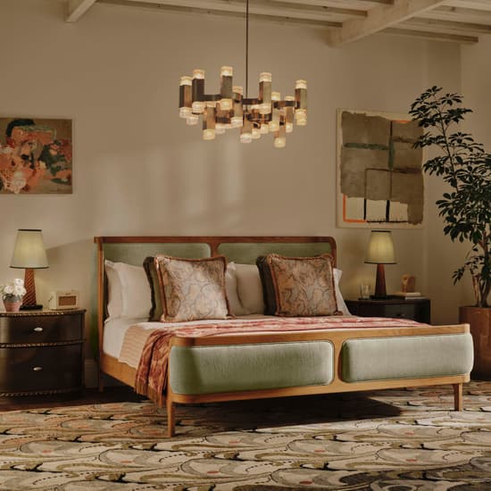 Belsa Bed, Light Wood, Queen, Linen Chenille, Sage, US