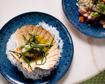 A scallop shell filled with cooked seafood and garnished with green herbs, resting on coarse salt on a blue plate, alongside a vibrant salad on another blue plate.