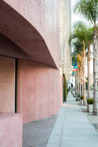 A pink building labeled "THE WEBSTER" stands along a sidewalk lined with palm trees, adjacent to a textured white structure and a partially visible street with city traffic.