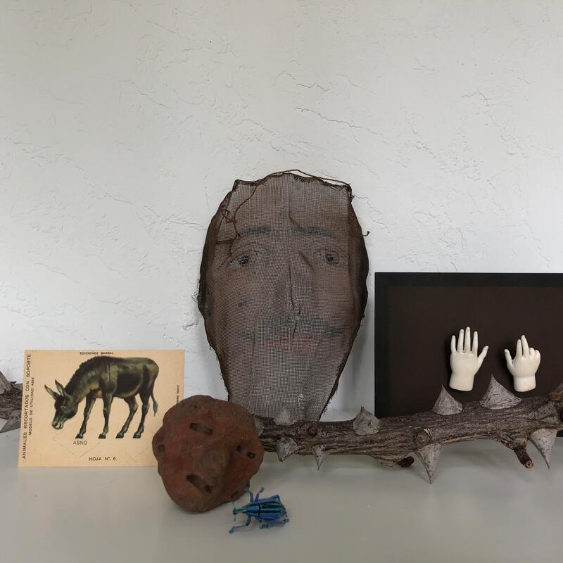 A thorny branch lies on a white surface, surrounded by a postcard depicting a donkey, a carved stone face, a wire mesh face, and a wooden frame displaying two white ceramic hands.