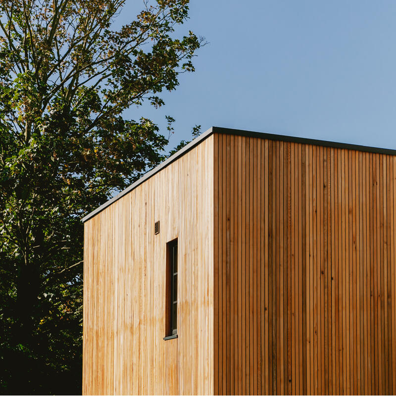 A wooden-clad modern building standing under a clear blue sky, adjacent to a tall, leafy tree.