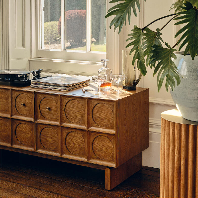 A wooden sideboard holds a record player, vinyl records, a decanter with glasses, and a small object. A large potted plant rests nearby in a light-filled room with a window and garden view.