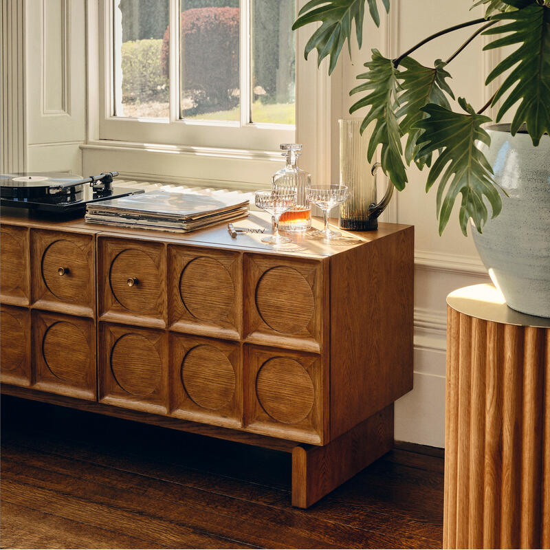 A wooden sideboard adorned with a decanter, glasses, and vinyl records against a paneled window; a large potted plant stands nearby in a well-lit, elegant room.