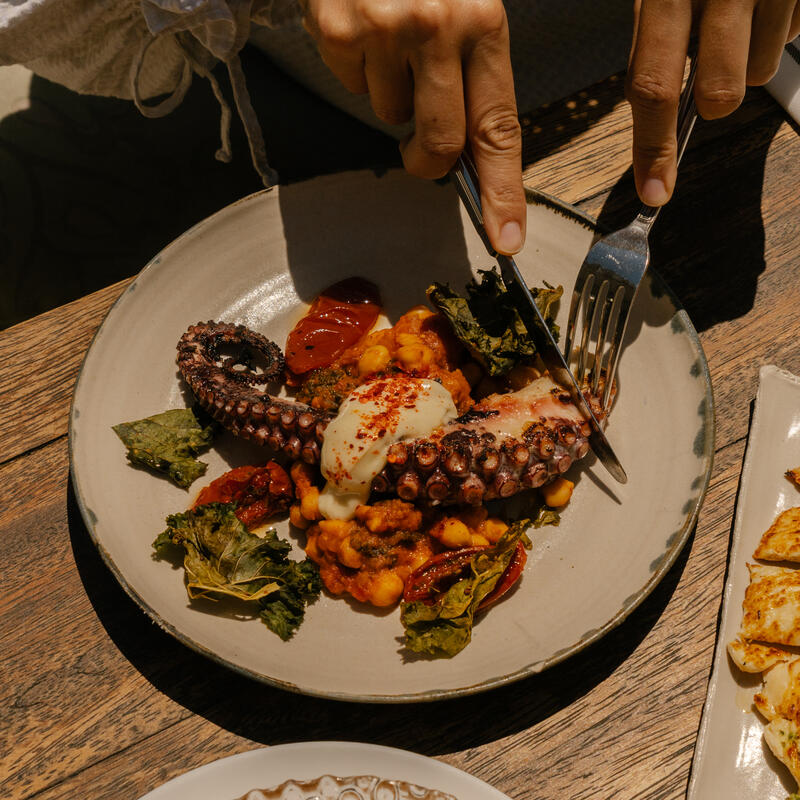 Hands cut into grilled octopus served on a plate with chickpeas and greens, accompanied by breadsticks and a bowl of soup on a wooden table.