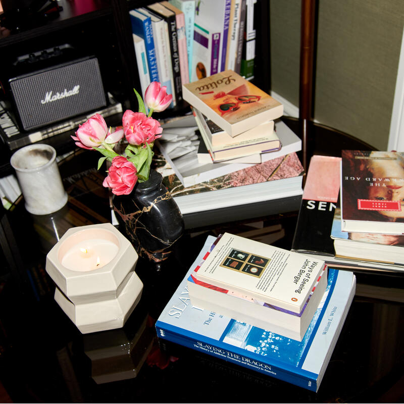 A tabletop displaying stacked books, a lit candle, and a vase of pink roses. The background shows a black bookshelf filled with various books, a speaker, and decorative items. Texts visible include "The Age of Em" and "Slaying the Dragon".