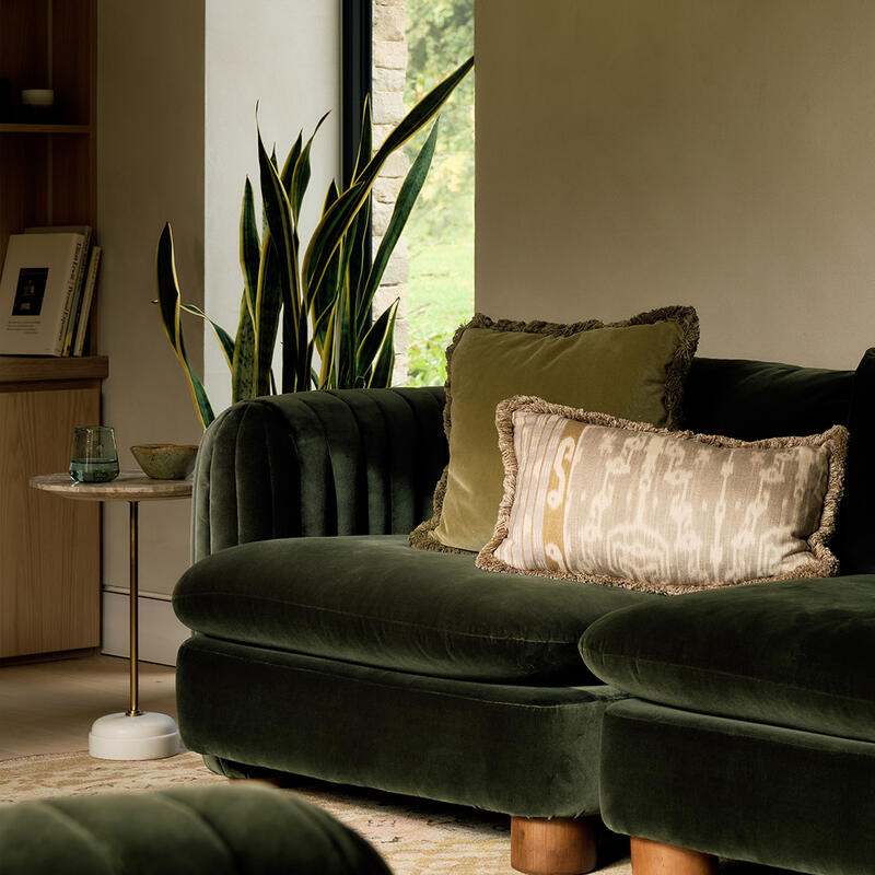 Green velvet sectional sofa with assorted cushions; adjacent to a tall snake plant and round side table holding a glass. Background shows a large contemporary window and wooden shelving.