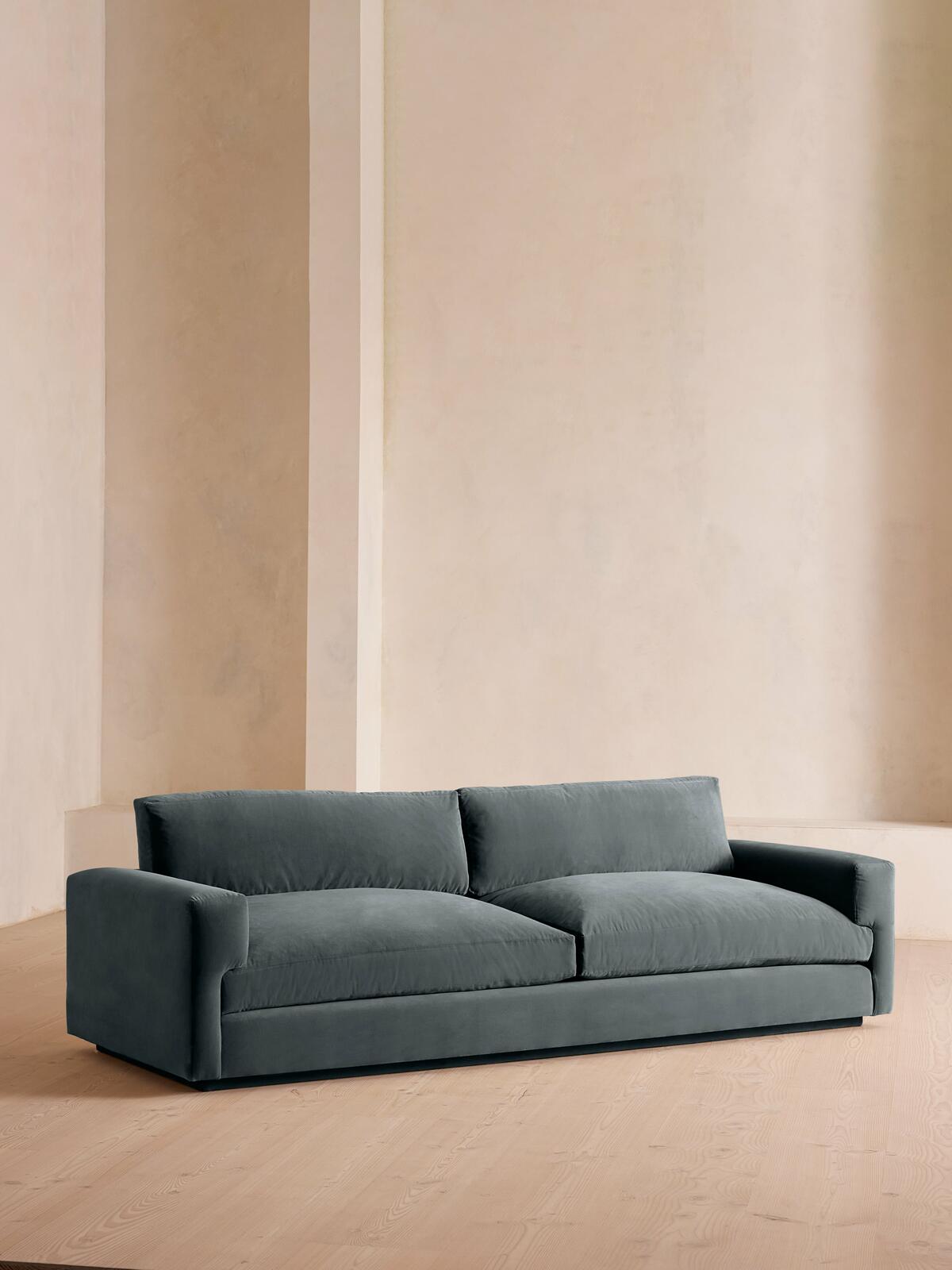 Mossley Four Seater Sofa, Velvet, Grey Blue - Soho Home