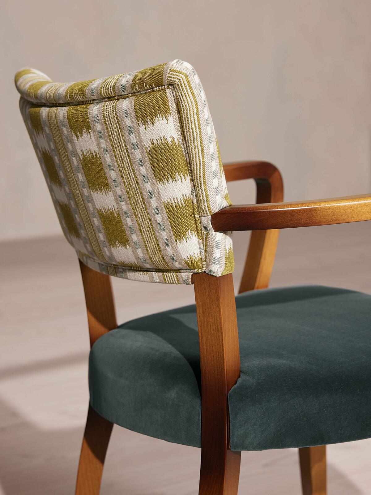 Molina Dining Armchair, Ikat Stripe and Velvet, Grey Blue US - Soho Home