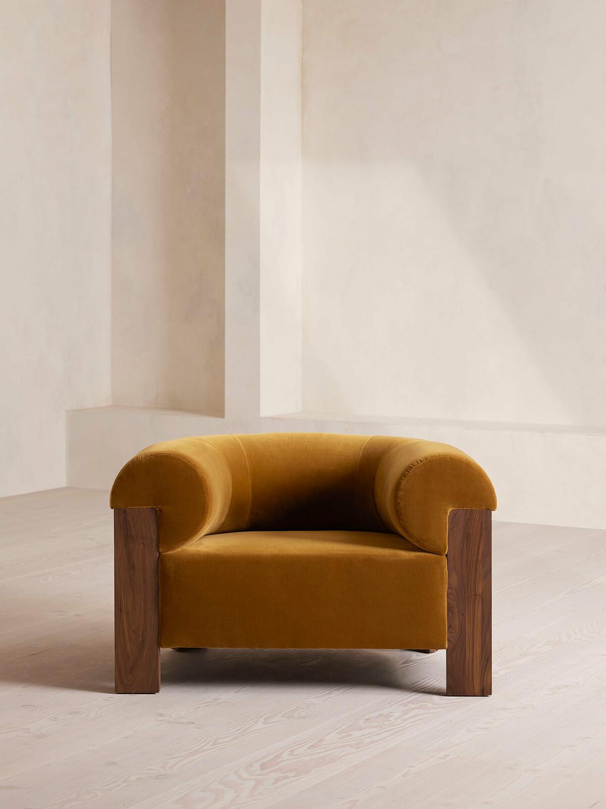Eldon Armchair, Walnut, Velvet, Mustard - Soho Home